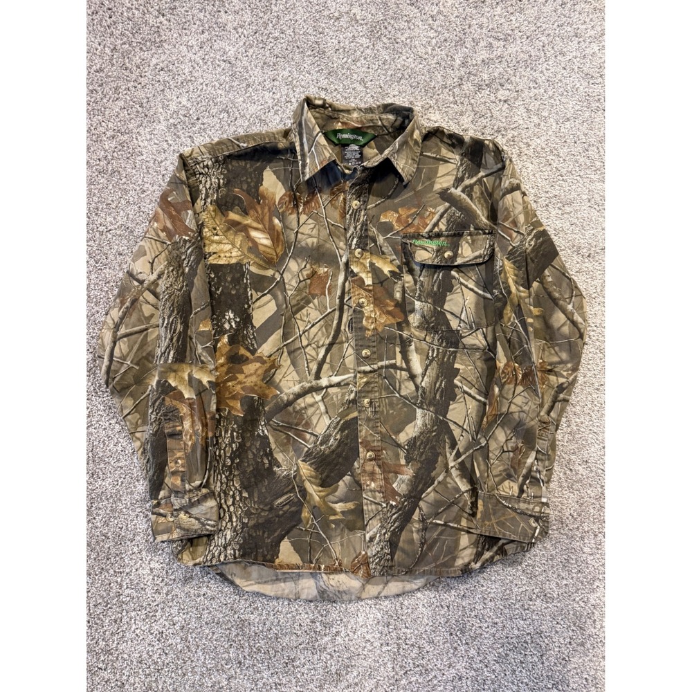 Remington Button Down Shirt Mens L Camo Realtree Hardwoods Hunting Cotton L/S